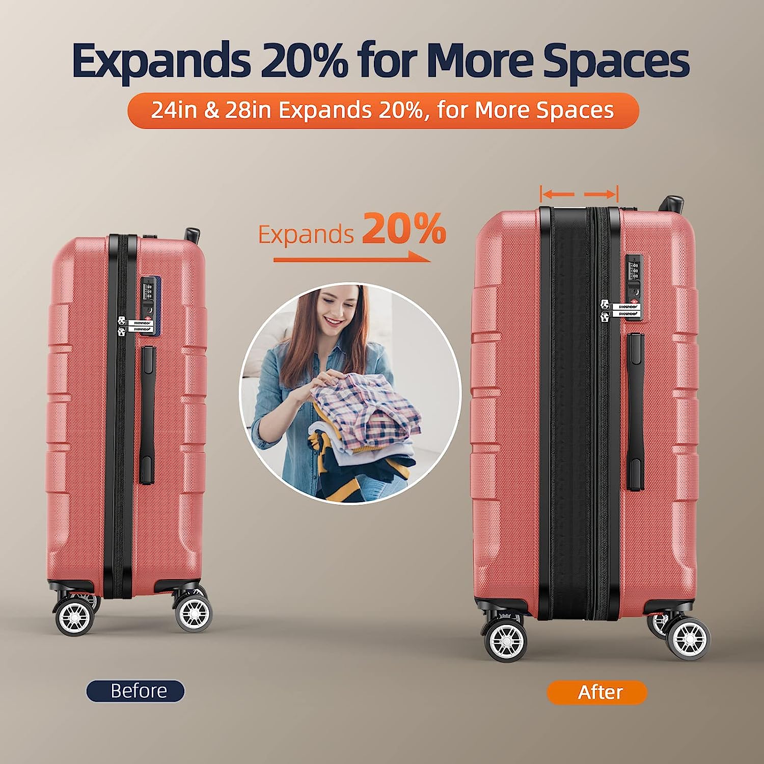 Luggage Sets Expandable PC+ABS Durable Suitcase Sets Double Wheels TSA Lock Rose Gold 3pcs