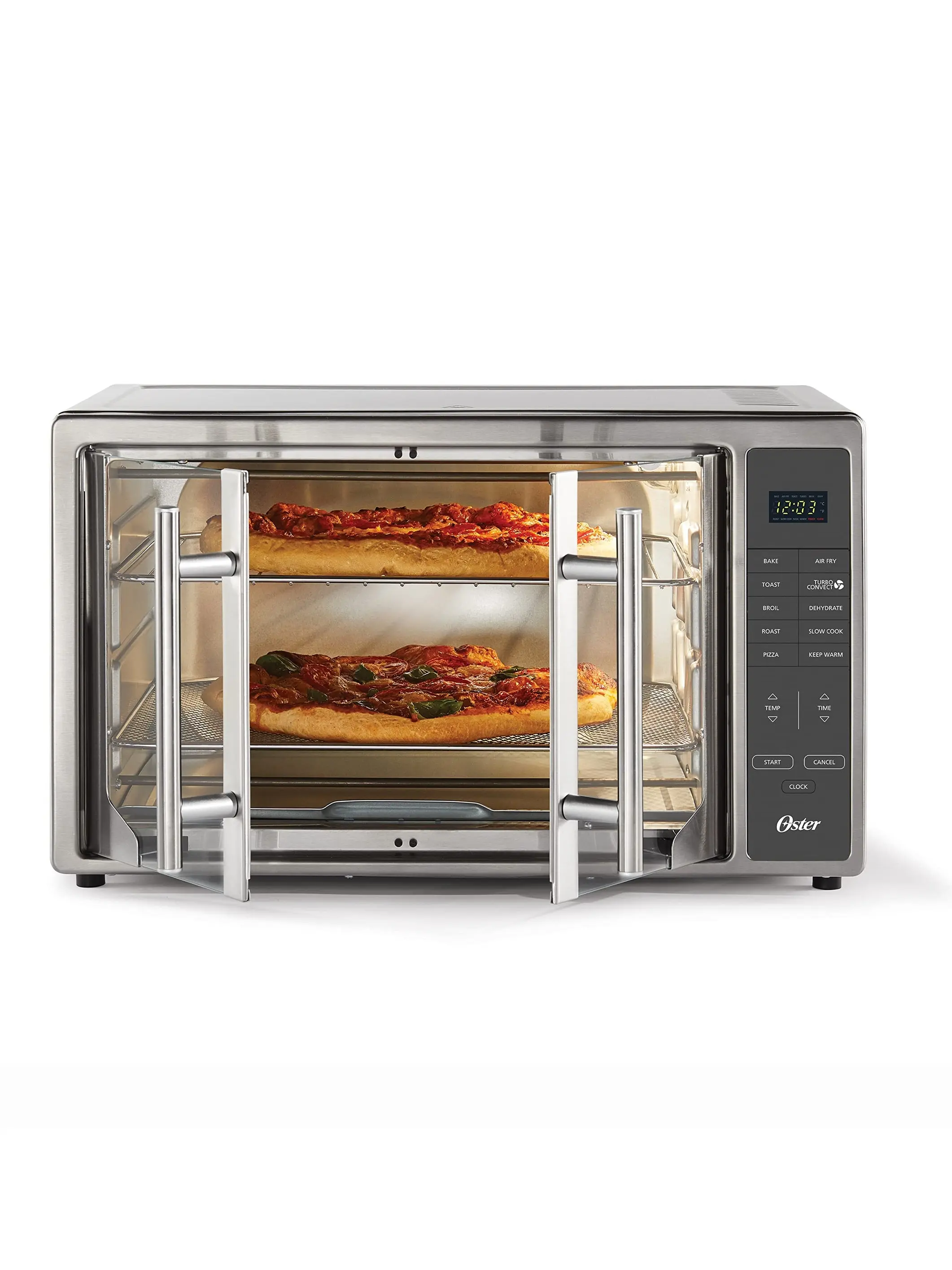 Oster Air Fryer Oven, 10-in-1 Countertop Toaster, Large Enough for 2 Pizzas, Stainless Steel French Doors, XL Sized