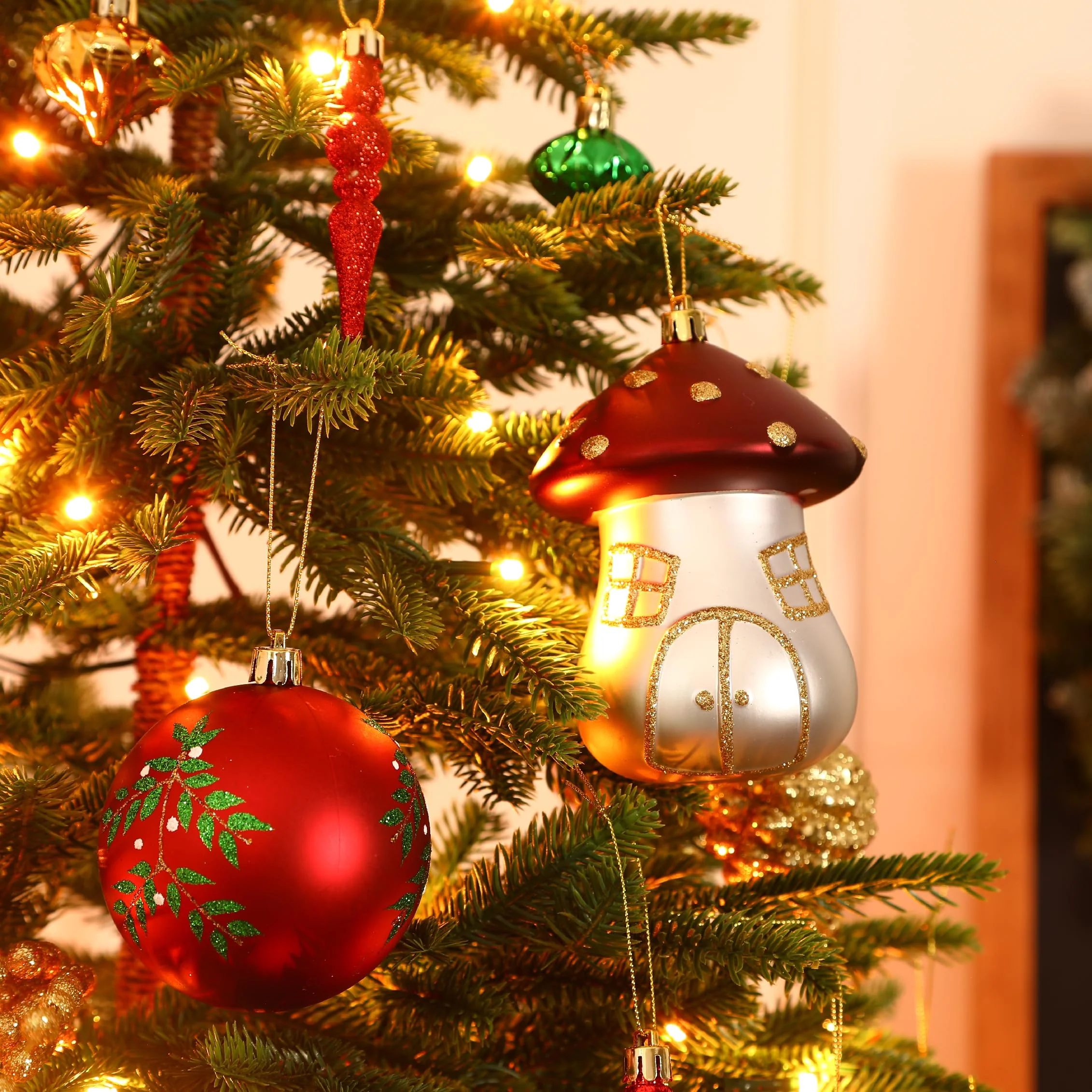 52pcs Bronze Copper Gold & Green Forest Mushrooms Theme Christmas Tree Ornaments Set