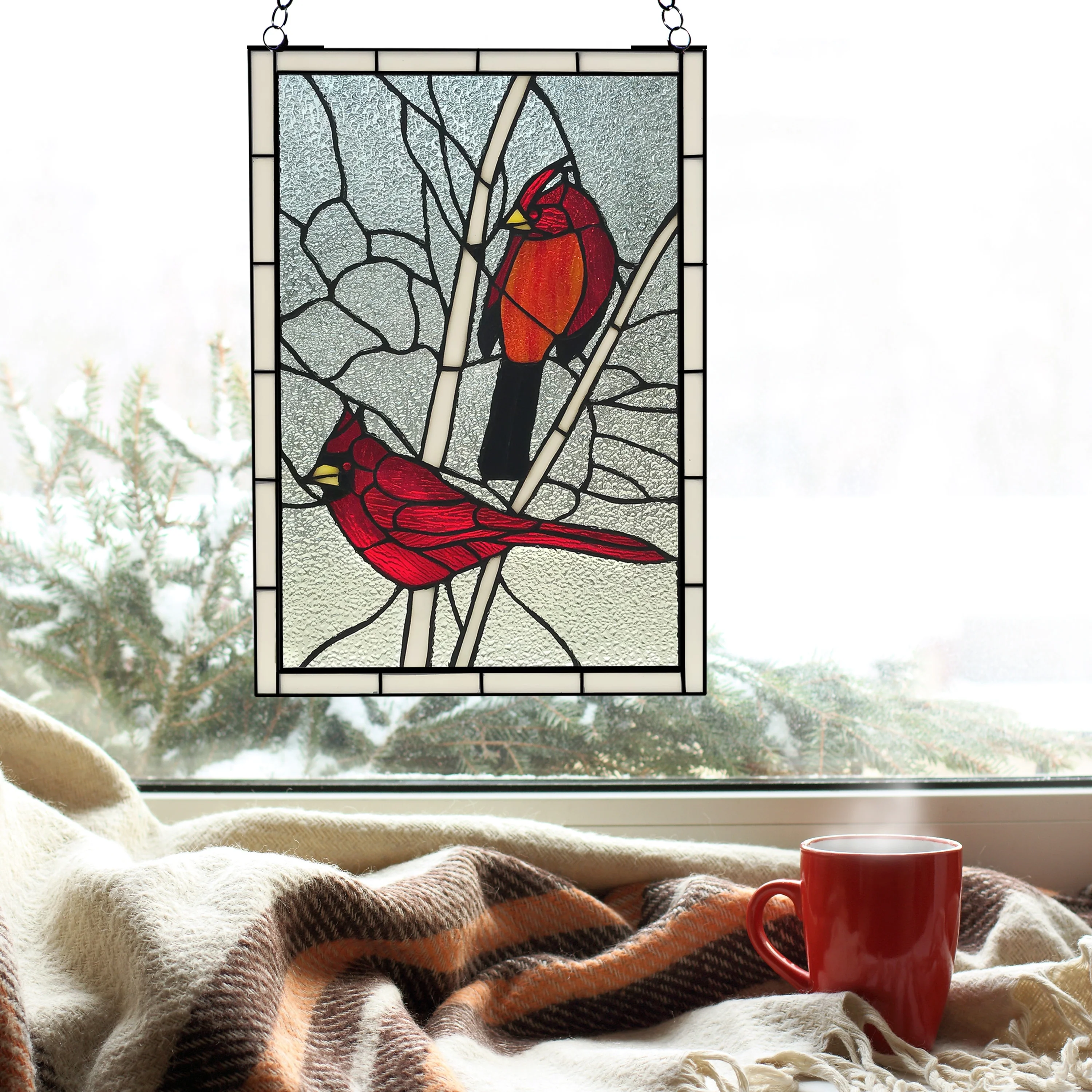 Copper Grove Zoetermeer 18.5-inch Northern Cardinal Songbird Stained Glass Window Panel