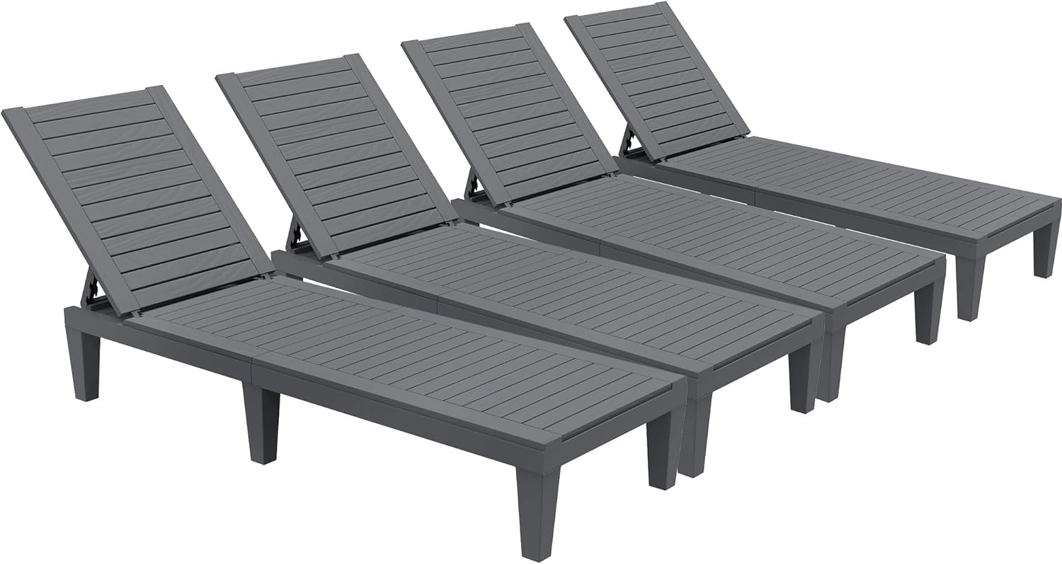 Outdoor Chaise Lounge Chairs Set of 4 with Adjustable Backrest, Sturdy Loungers for Patio & Poolside, Easy Assembly & Waterproof & Lightweight with 265lbs Weight Capacity, Black