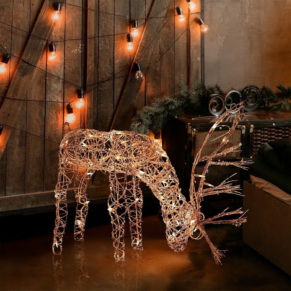 Outdoor Rattan Grazing Christmas Reindeer Lawn Decoration with White Halogen Lights - 24 in.