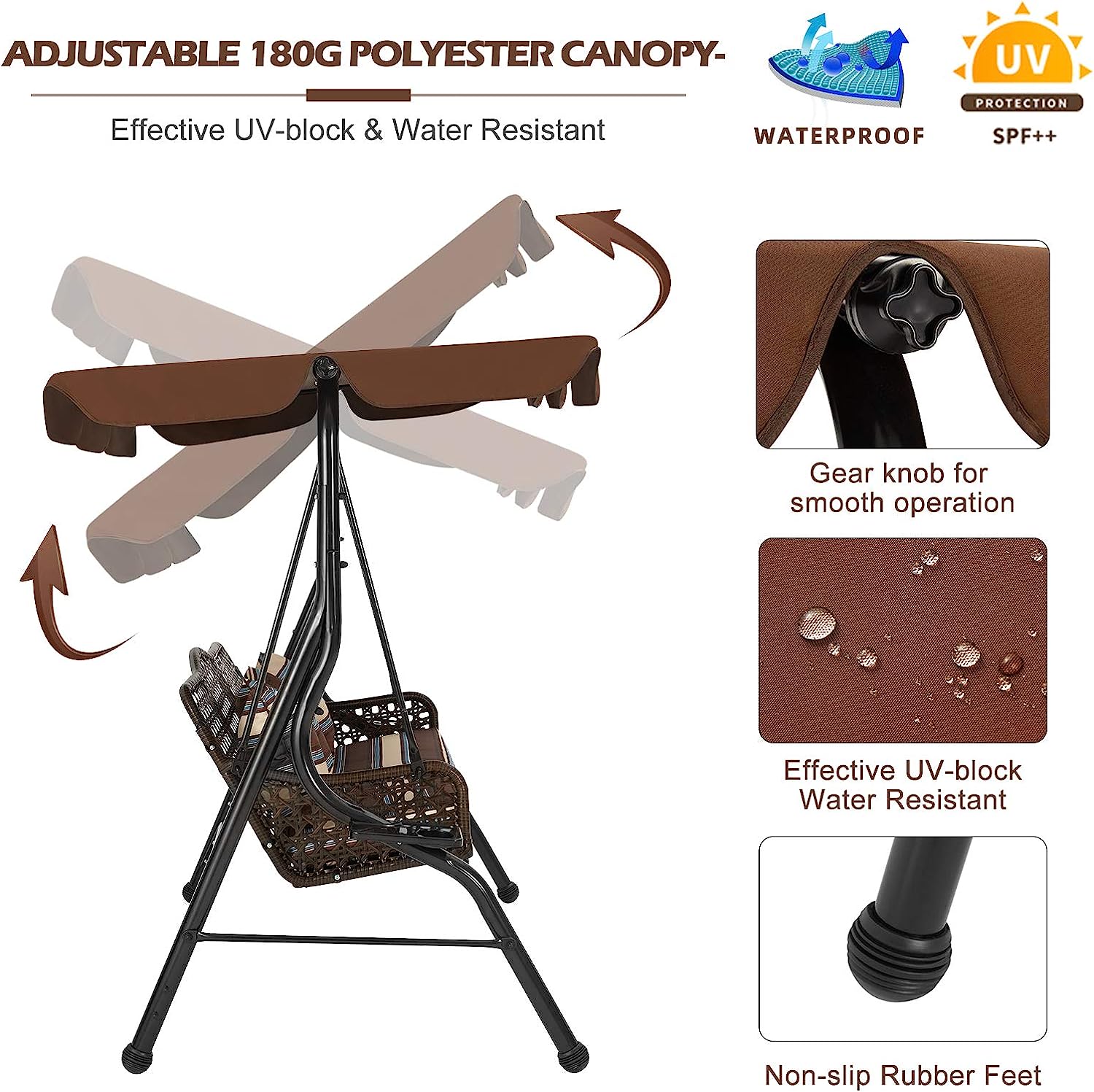 AECOJOY 3-Seat Outdoor Patio Swing Chair, Large Converting Canopy Porch Swing Glider, Hammock Lounge Chair for Porch, Rattan Wicker Steel Frame Cushion & Pillow, Brown