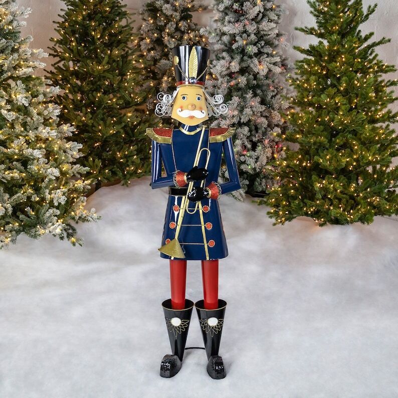 60 Inch Tall Iron Blue Nutcracker Holding Trumpet