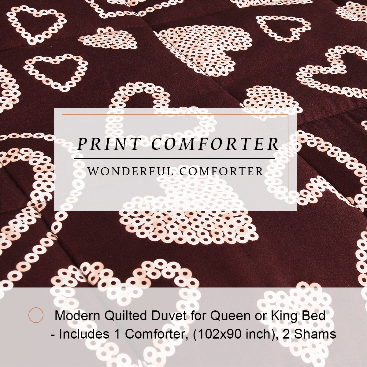 HIG Romantic Love Heart Print Comforter Set, 3 Piece Quilted Down Alternative Comforter with 2 Shams