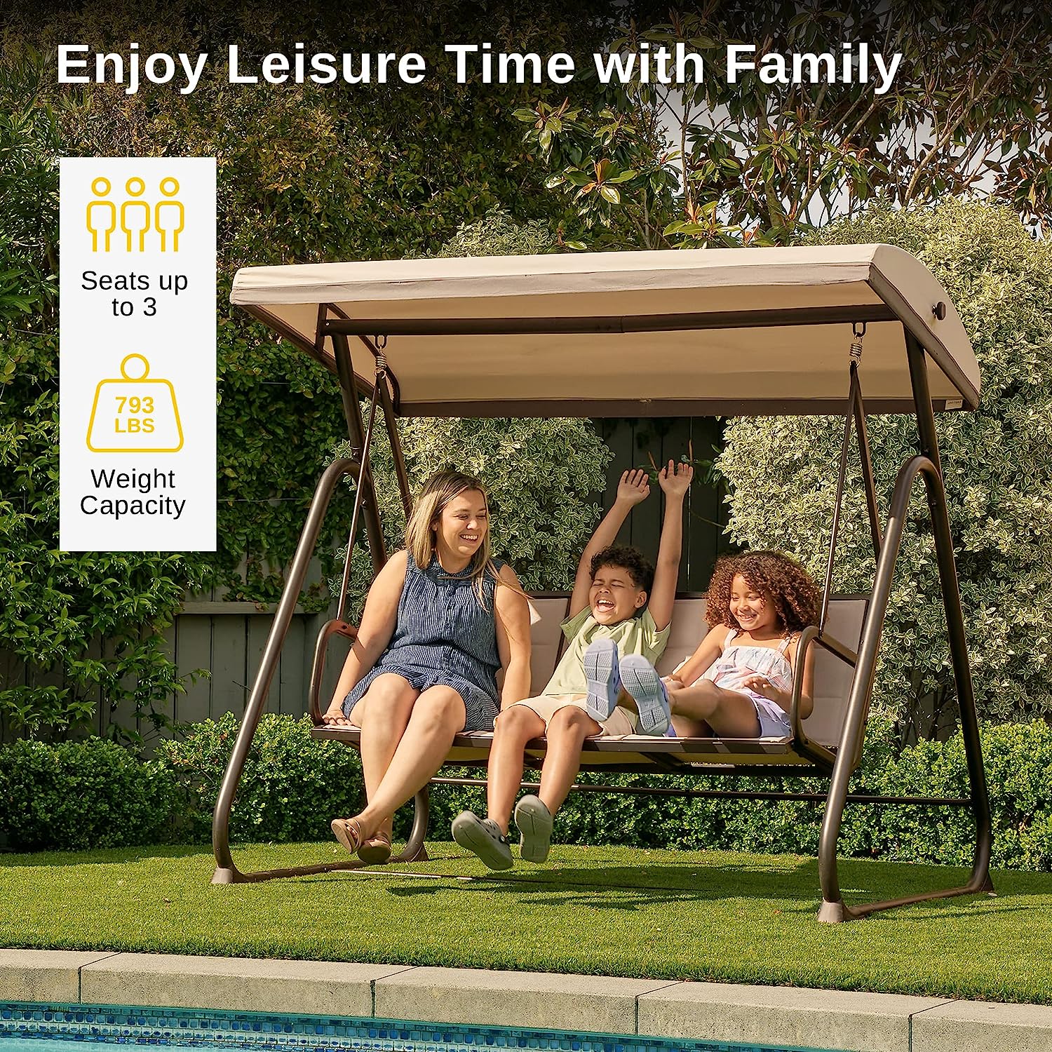EAST OAK 3-Person Outdoor Patio Swing Chair with Adjustable Canopy, Porch Swing with Comfortable and Breathable Seats, Outdoor Swing Chairs for Garden, Balcony, Backyard, Charcoal Black