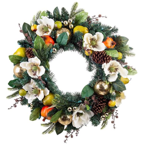 30 in. Pre-Lit LED Magnolia Orchard Wreath
