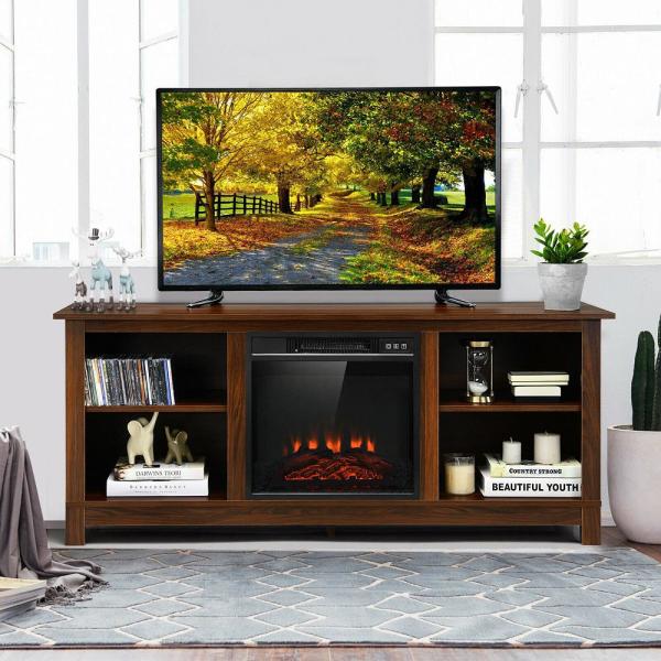 58 in. Fireplace TV Stand with 18 in. 1400-Watt Electric Fireplace 65 in. Walnut (2-Tier)