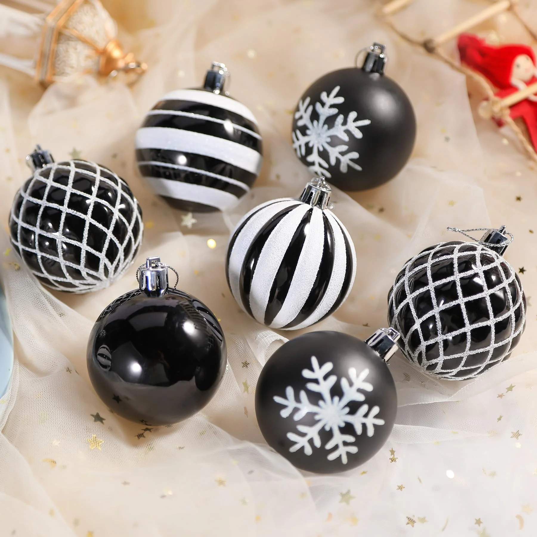 30ct 8CM Inch Black & White Glitter, Baroque Christmas Tree Balls Ornaments