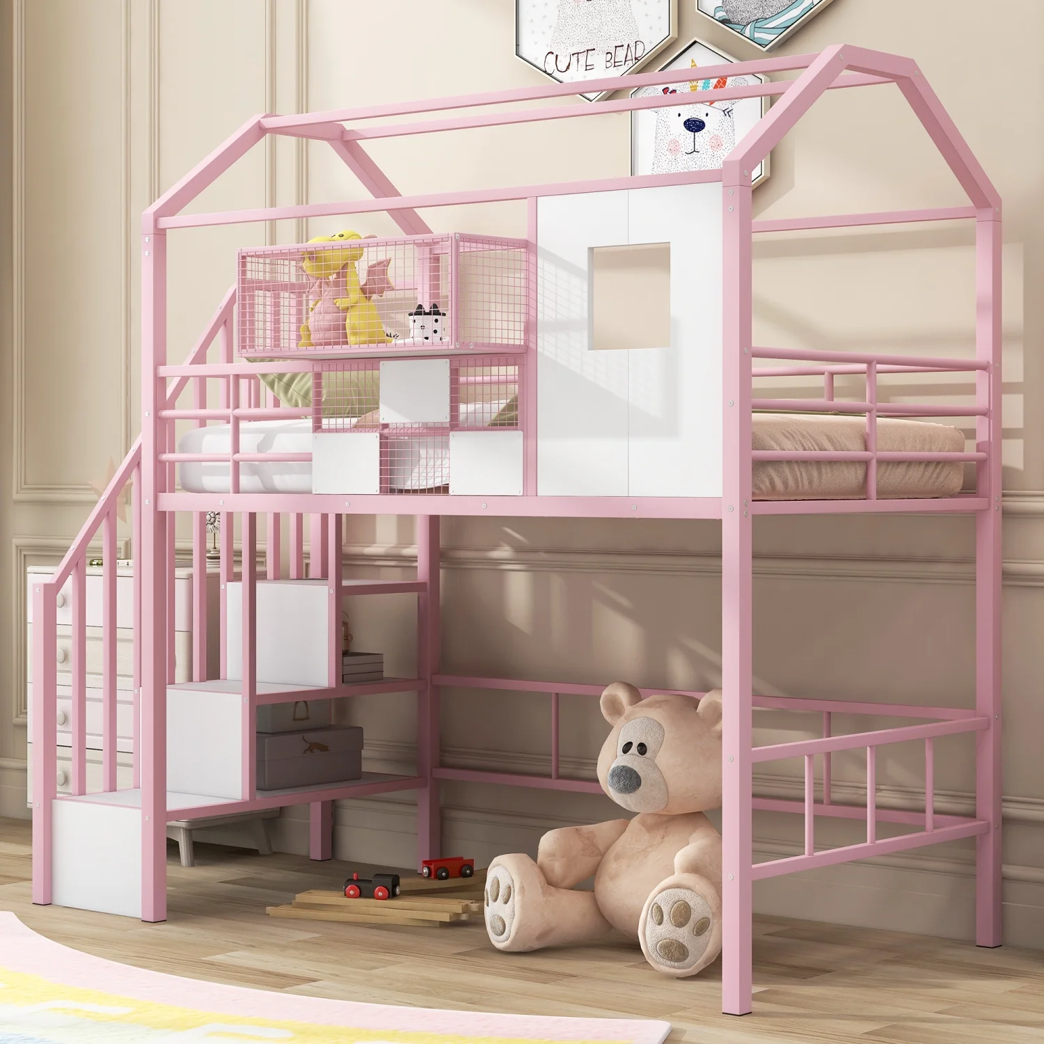 Pink Twin Metal Loft Bed with Unique Roof Design and Convenient Storage Box for Kids' Bedroom. Add Charm and Style to Your Child's Room with this Space-saving and Chic Furniture Piece.