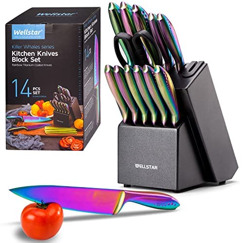 WELLSTAR Rainbow Knife Set 14 Pieces, Iridescent German Stainless Steel Kitchen Knives Set with Wooden Block, Colorful Titanium Coating, Chef's Knife Block Set with Scissors and Built-in Sharpener