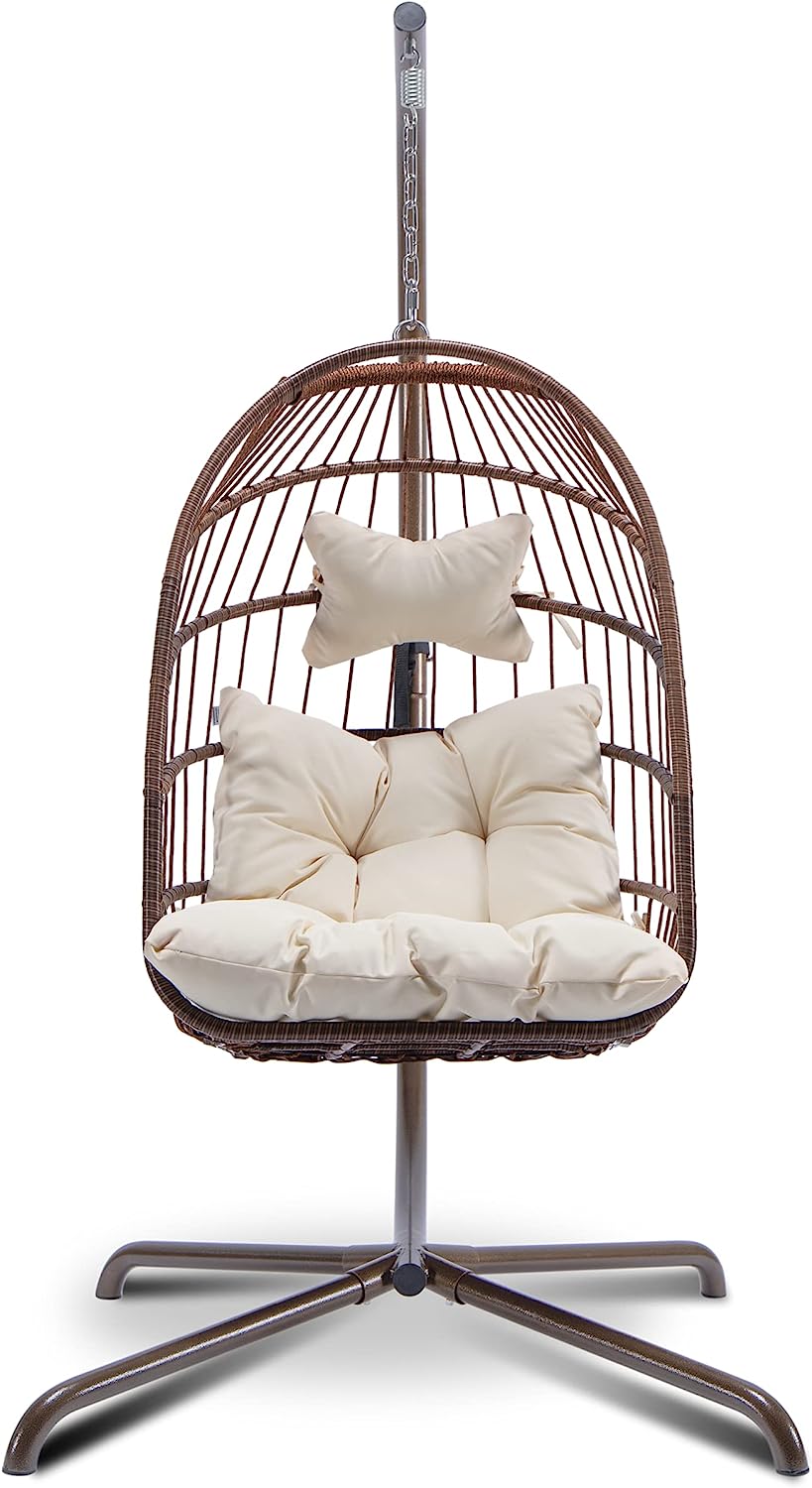 Hanging Chair with Stand Hanging Basket Chair Indoor Outdoor Brown Rattan Wicker Chair Swing with Beige Cushion Swing Chair Hanging Egg Hammock for Patio Yard Living Room Bed Room (Brown)