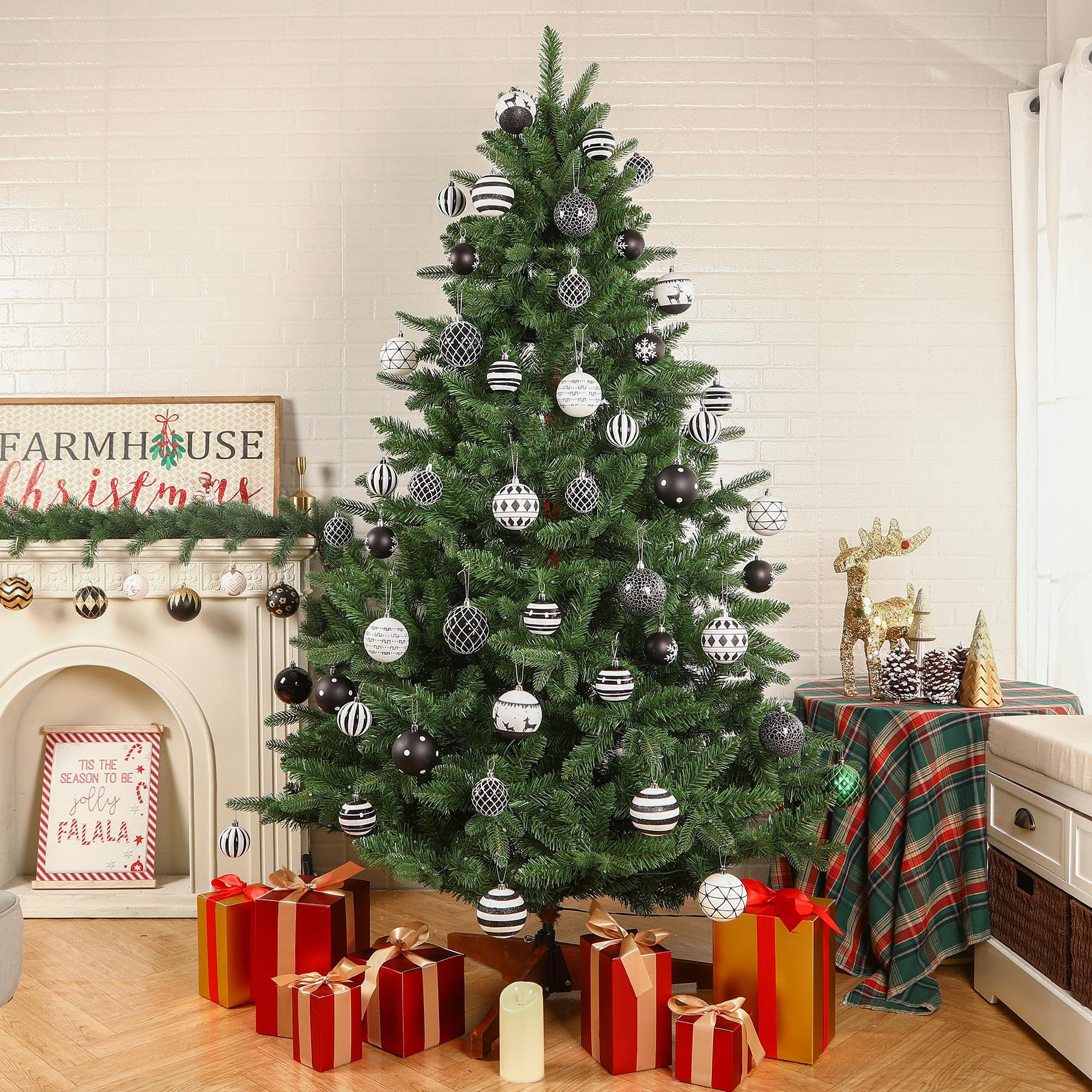 12PCS 80mm Christmas Colored Shatterproof Plastic Decorative Hanging Tree Decorations Baubles Set with Lanyard,Black&White