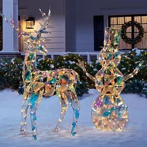 Sparkling Modern Angular lridescent Reindeer andSnowman Statues