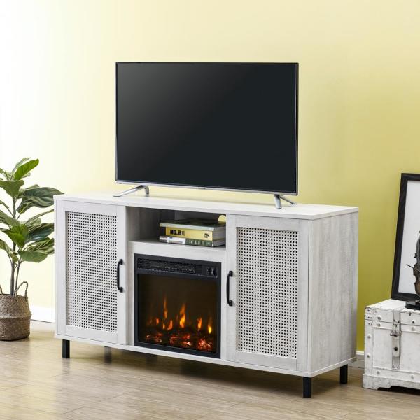 54 in. Saw Cut-Off White TV Stand for TVs up to 60 in. with Electric Fireplace