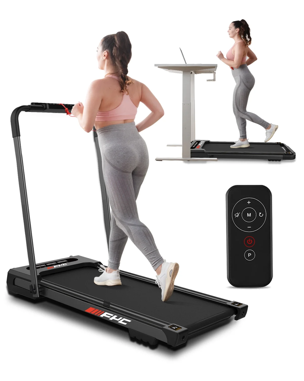 FYC 3.5HP Under Desk Treadmill �C 300LBS Weight Capacity, 2-in-1 Foldable Design, Remote Control & LED Display �C Compact Electric Walking and Running Machine for Walking, Running, Jogging (Black)
