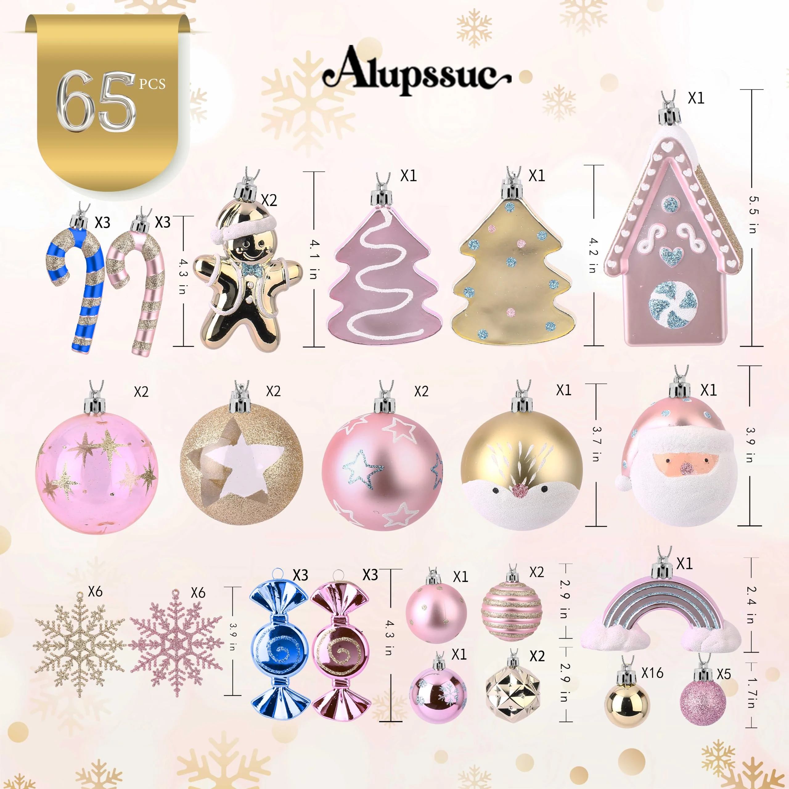 65pcs Macaron Pink Candy House Christmas Balls Ornaments Set with Hanging Strings