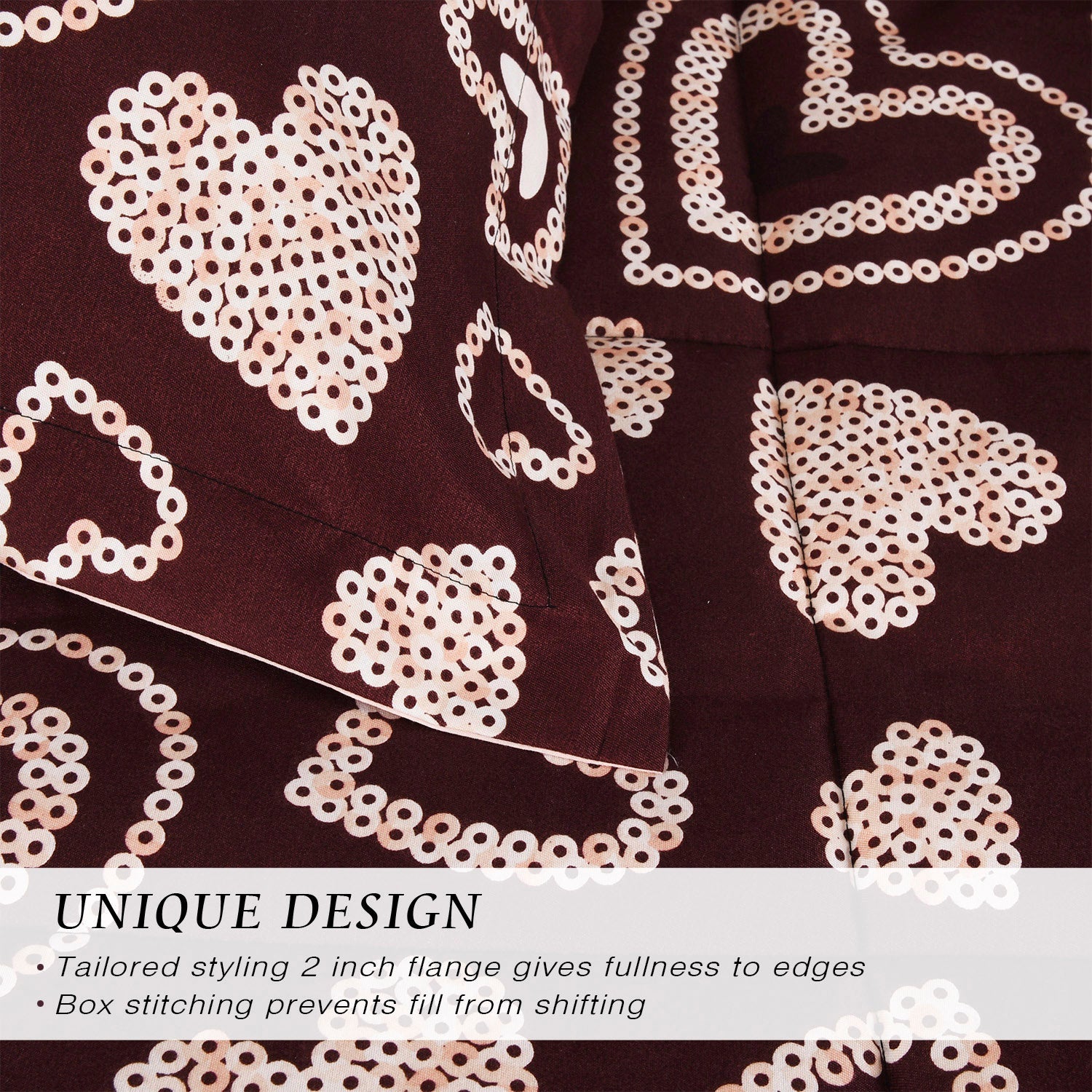 HIG Romantic Love Heart Print Comforter Set, 3 Piece Quilted Down Alternative Comforter with 2 Shams