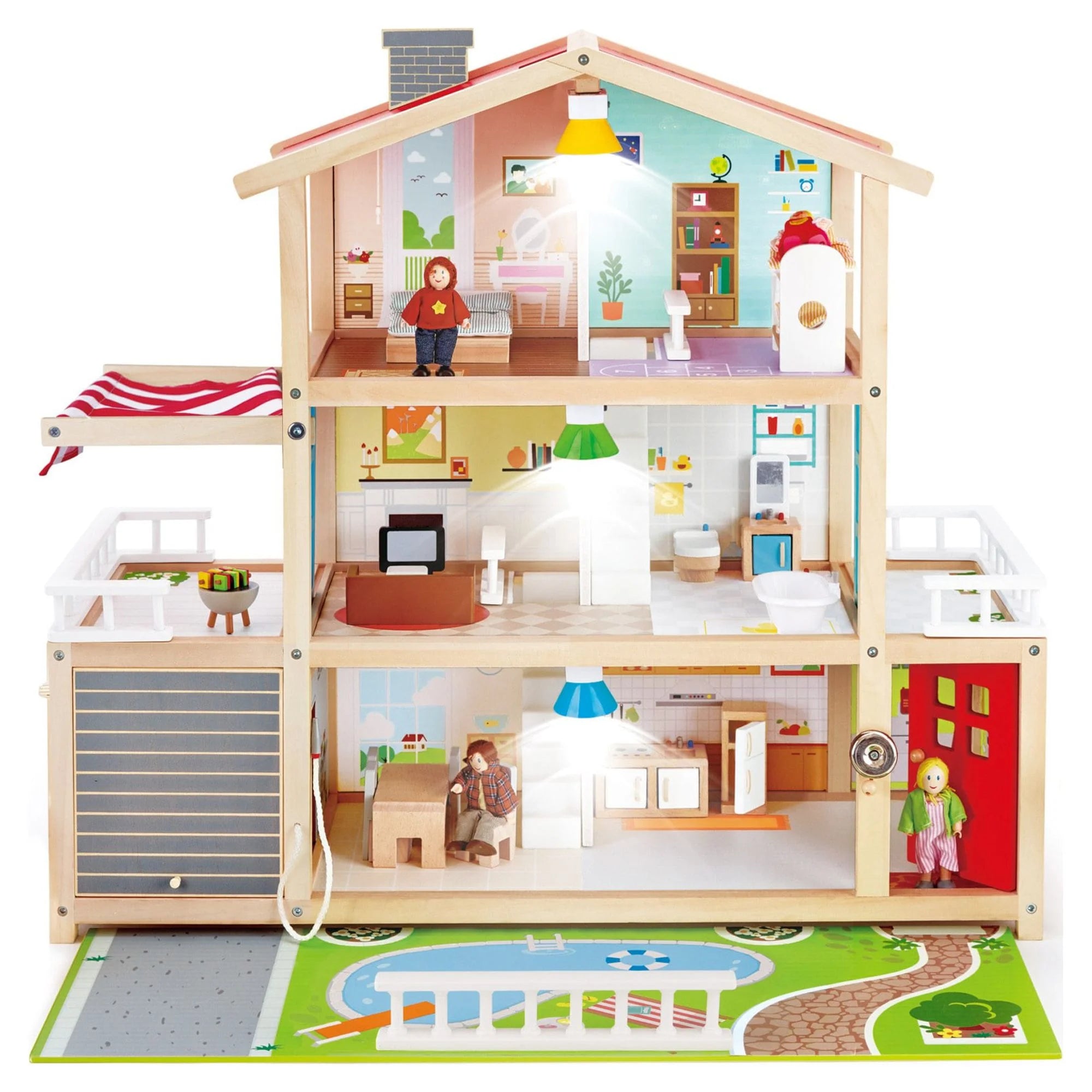 Hape Family Mansion Kid's Wood Dollhouse with LED Lights, Product Height 28.43 in