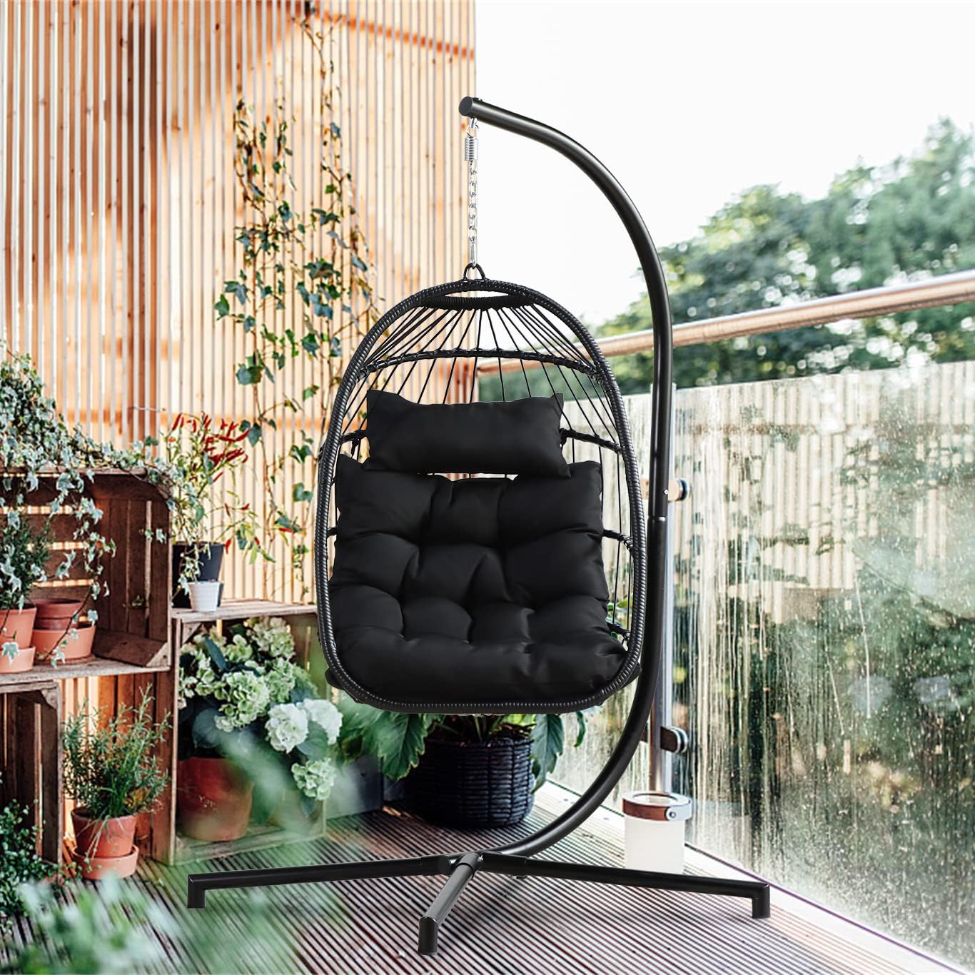 KAIDYSENY Swing Egg Chair, Hammock Chair with Stand, Patio Black Rattan Wicker Patio Basket Hanging Chair with Rope Back, Cushion, All Weather Foldable Hammock Chair for Indoor/Outdoor, Black