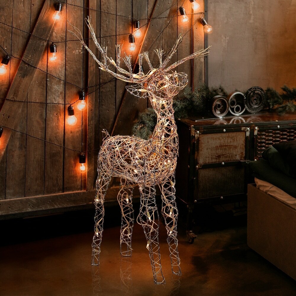 Standing Rattan Reindeer Decoration with White Halogen Lights