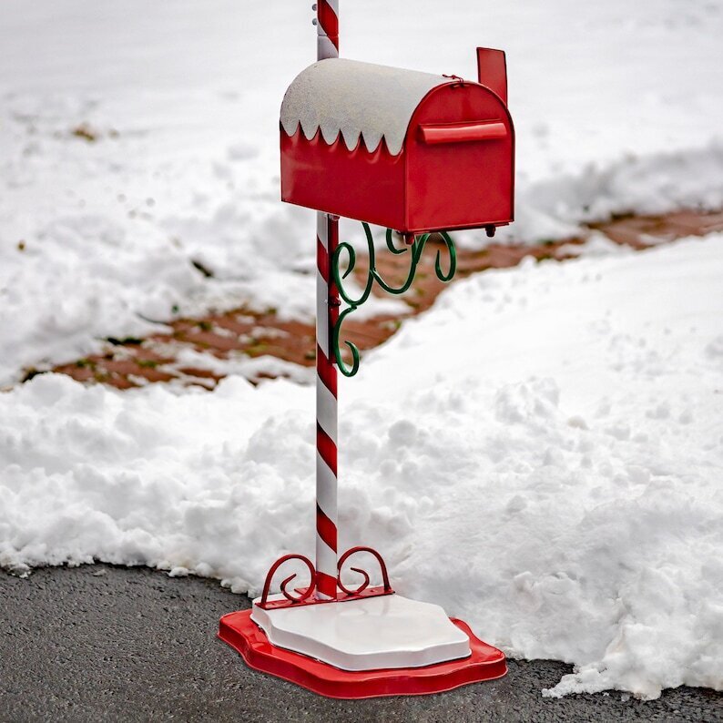 Christmas Mailbox with Candy Cane Pole and Hanging Sign