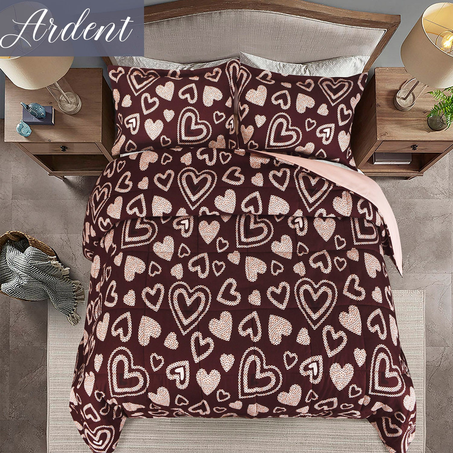 HIG Romantic Love Heart Print Comforter Set, 3 Piece Quilted Down Alternative Comforter with 2 Shams