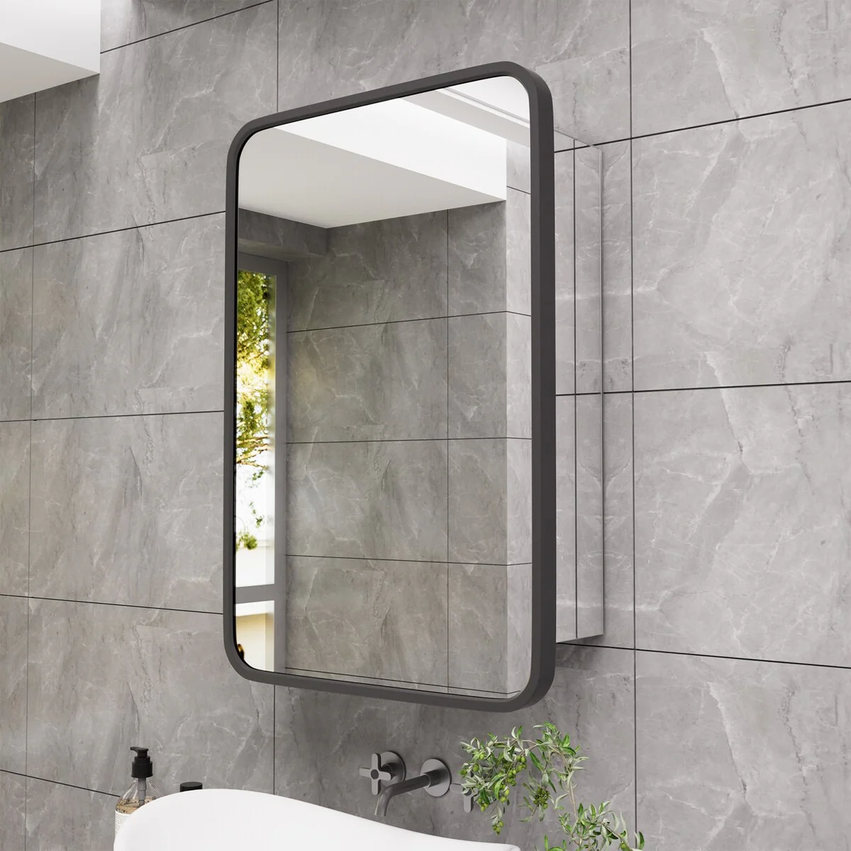 Bathroom Medicine Cabinet with Mirror, Recessed Medicine Cabinet with Round Corner Aluminum Alloy Metal Framed