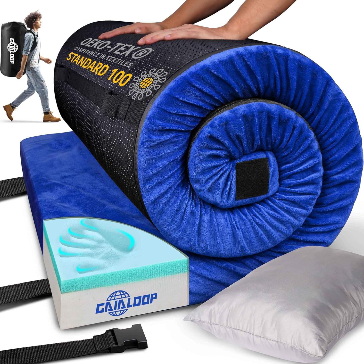 Thick Memory Foam Camping Pad Futon Mattress Full, Portable Floor Sleeping Mat Sleepover Guest Bed Roll Up Mattress for Indoor Outdoor Travel