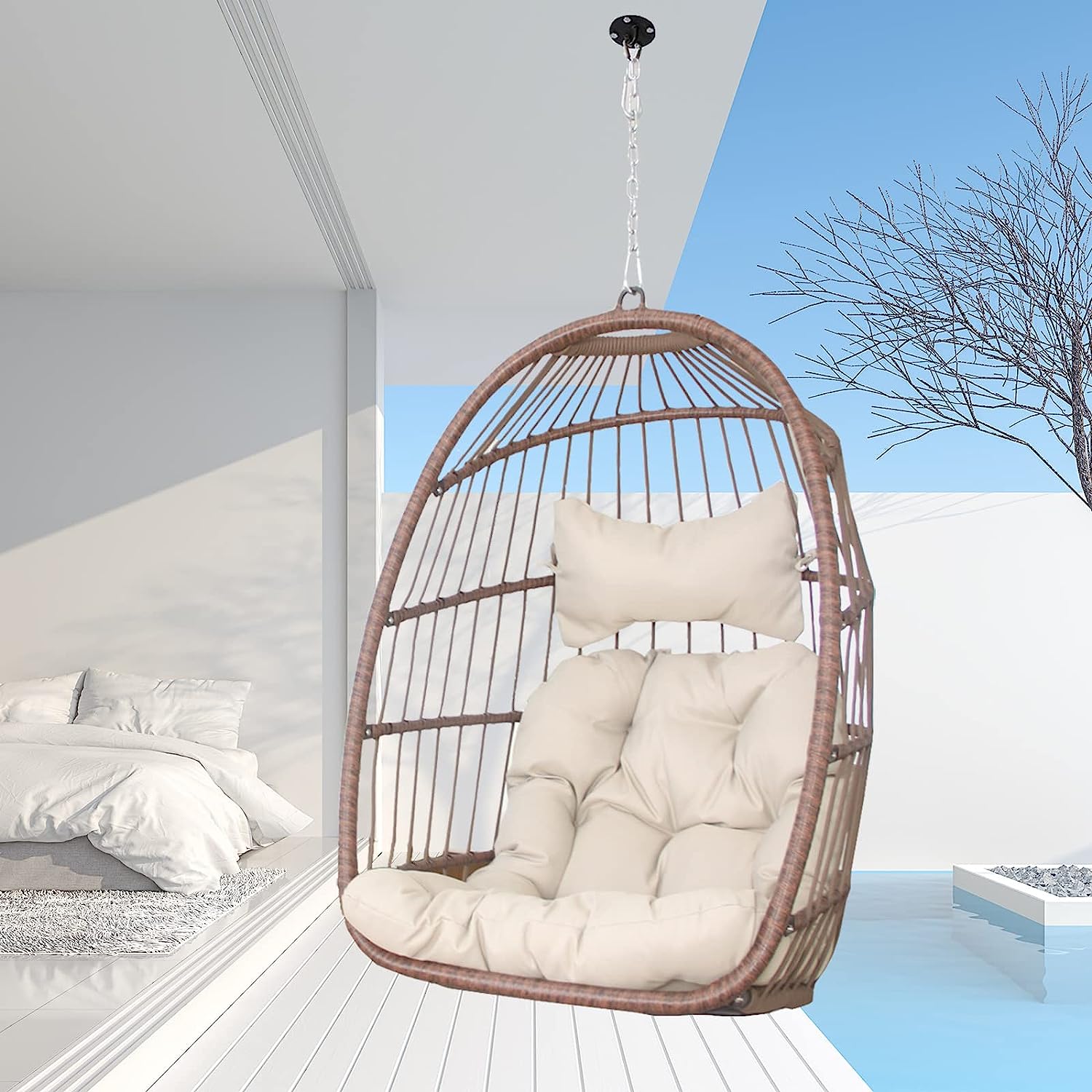Swing Egg Chair Without Stand Indoor Outdoor Wicker Rattan Patio Basket Hanging Chair with UV Resistant Cushions 265lbs Capaticy for Bedroom Balcony Patio (Without Stand)