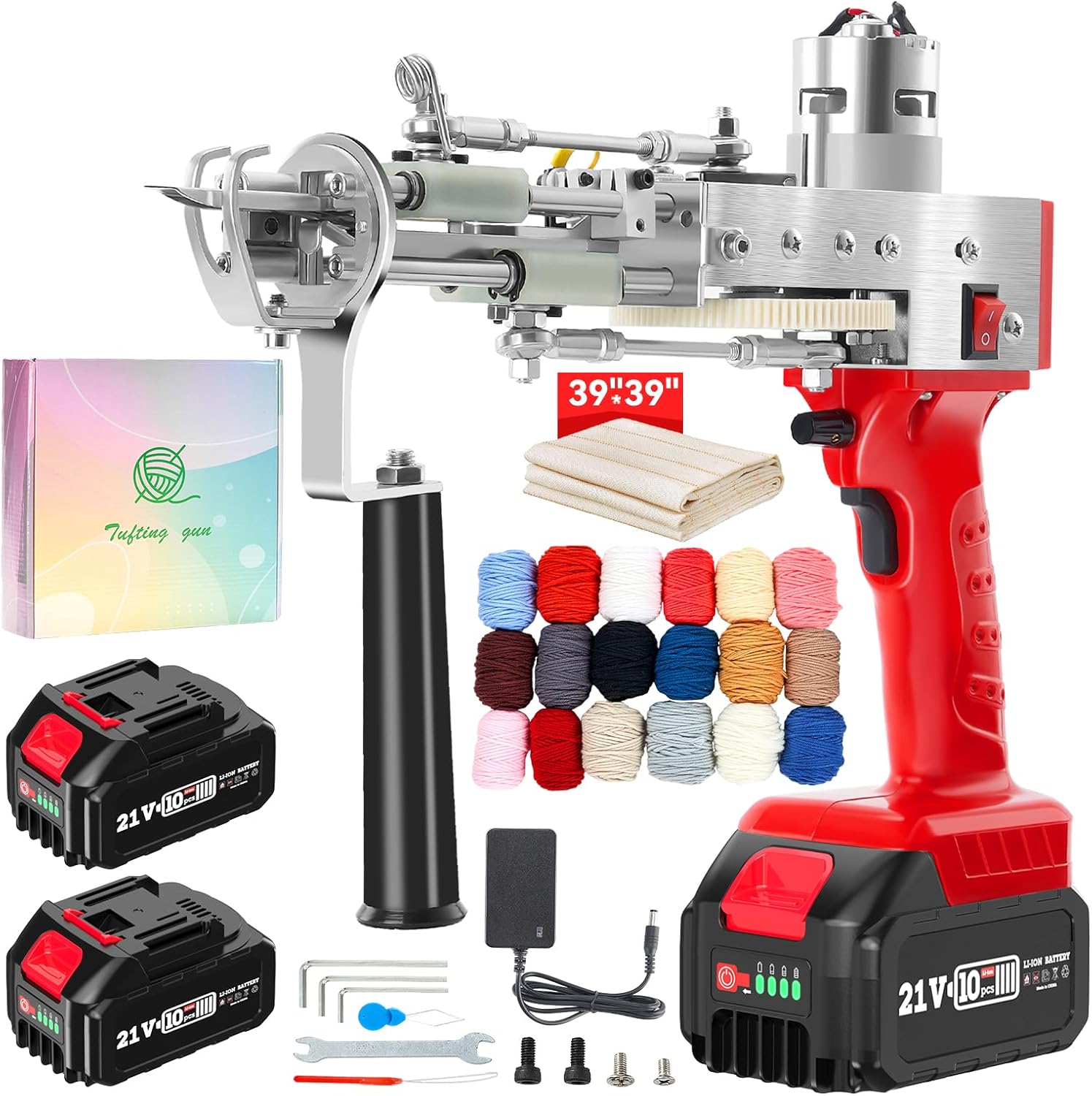 2023-Cordless-Rug-Tufting-Gun-Kit with Carpet Trimmer- Tufting-Gun-Starter-Kit-with 2pcs 4.0Ah Batteries .2 in 1 Cut Loop Pile Tufting Gun with Tufting Shears, Carpet Gun Cloth Yarn��Light Red��