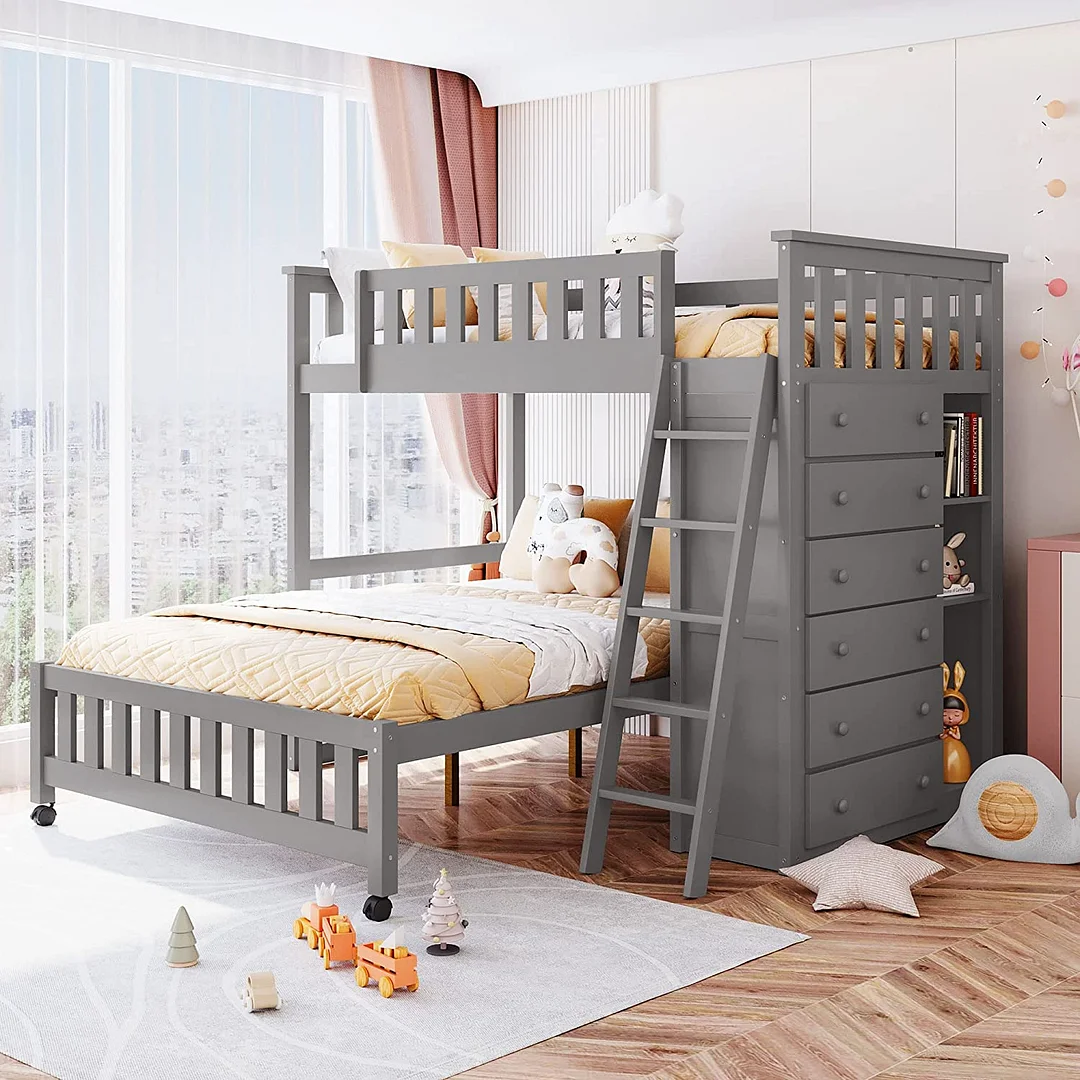 🎄Store Closing Sale💖Bunk Bed-  Gray +6drawers +3shelves