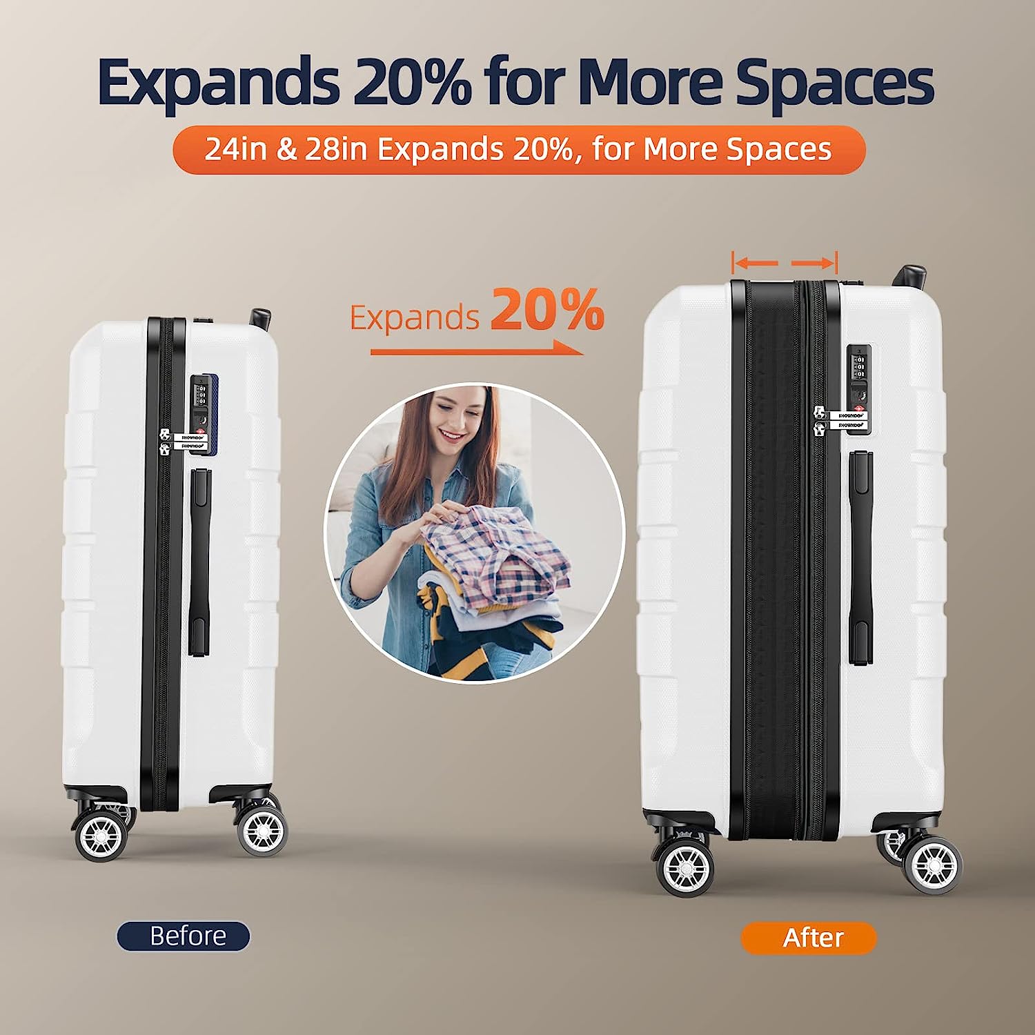 Luggage Sets Expandable PC+ABS Durable Suitcase Sets Double Wheels TSA Lock White 3pcs