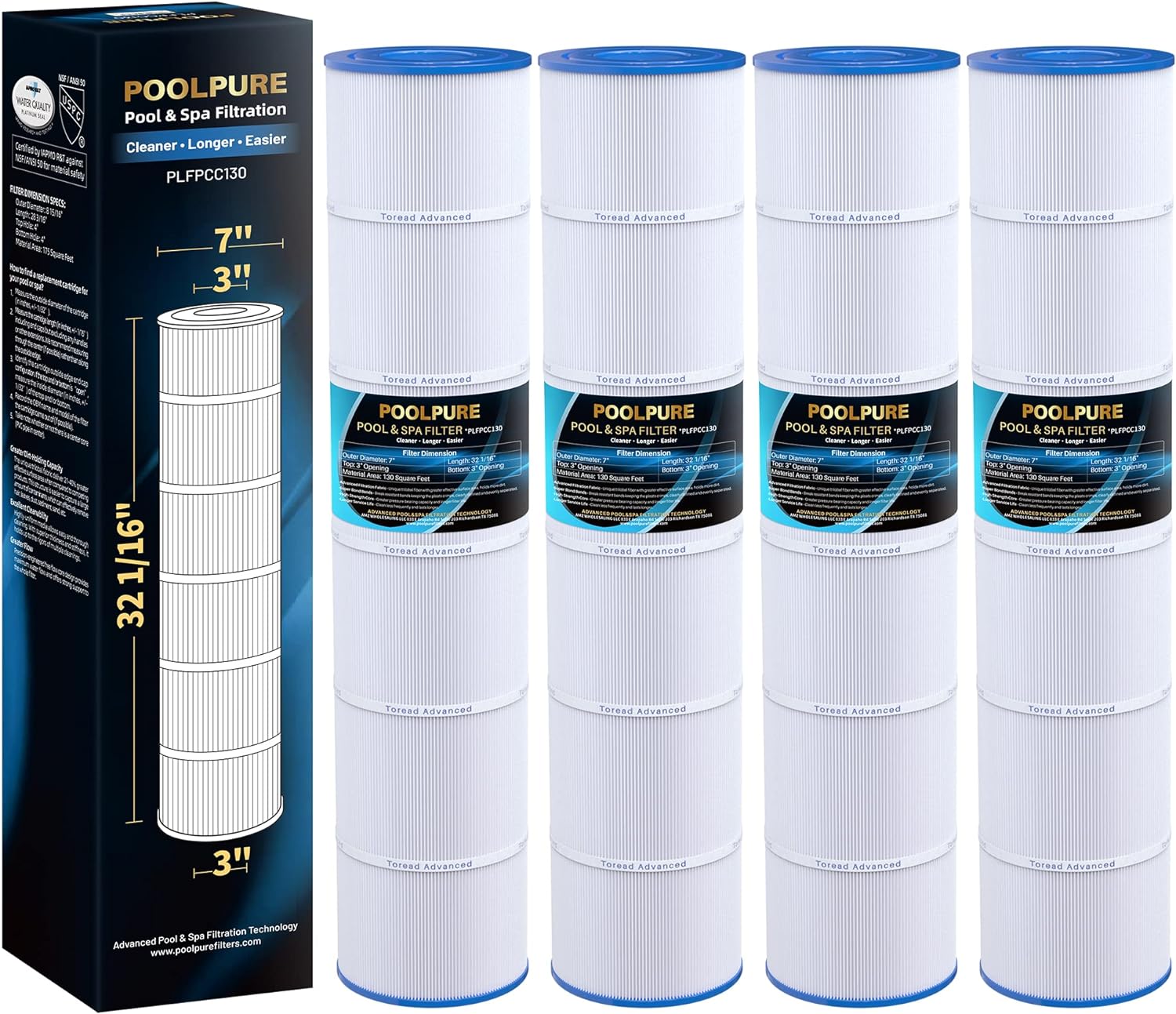 POOLPURE PLFPCC130 Pool Filter Replaces Pentair CCP520, R173578, PCC130, Ultral-A7, Unicel C-7472, Filbur FC-1978, FC-6475, Pentair Clean and Clear Plus 520, 817-0131, 178585, L x OD: 32 1/16