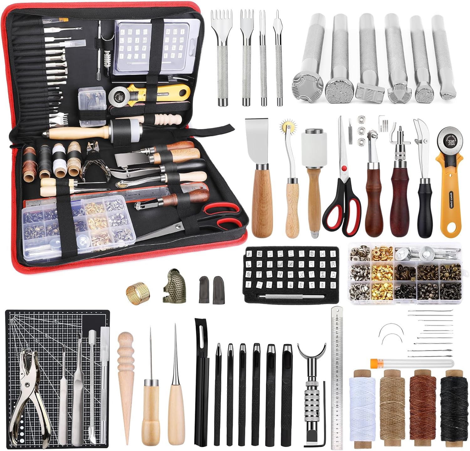 Leather Tooling Kit Leather Craft Tools Leather Working Kit with Custom Handbag Cutting Mats Engraving Punching Sewing Stamping Sanding Tools Leather Tools for Leather Working Professional