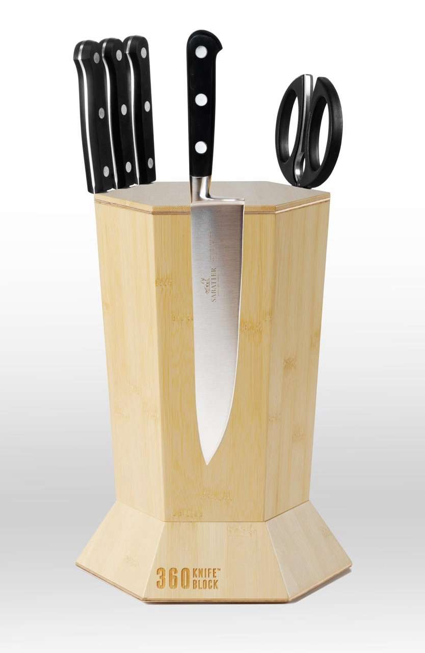 360 Knife Block �C Blonde Bamboo ROTATING �C Magnetic �C BEST Universal Knife Block