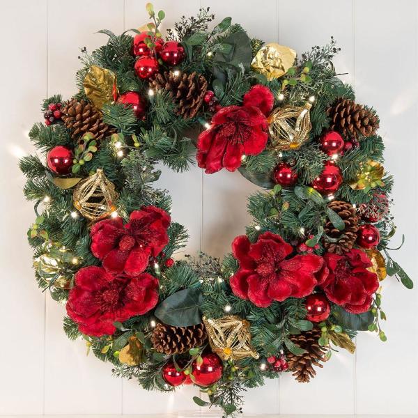 30 in. Pre-Lit LED Red Magnolia Wreath