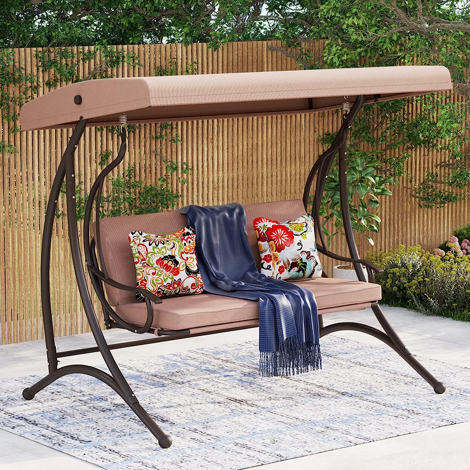 MFSTUDIO 3 Seat Patio Porch Swing, Outdoor Adjustable Canopy Swing Glider with Foldable Side Table and Removable Cushion for,Garden, Poolside, Balcony, Backyard (Beige) …