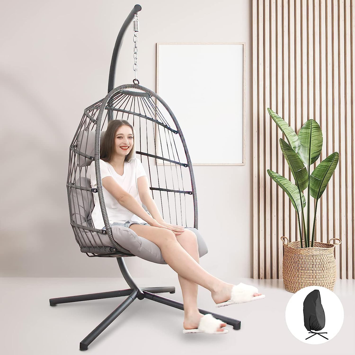 RADIATA Foldable Wicker Rattan Hanging Egg Chair with Stand, Swing Chair with Cushion and Pillow, Lounging Chair for Indoor Outdoor Bedroom Patio Garden (Beige with Stand)