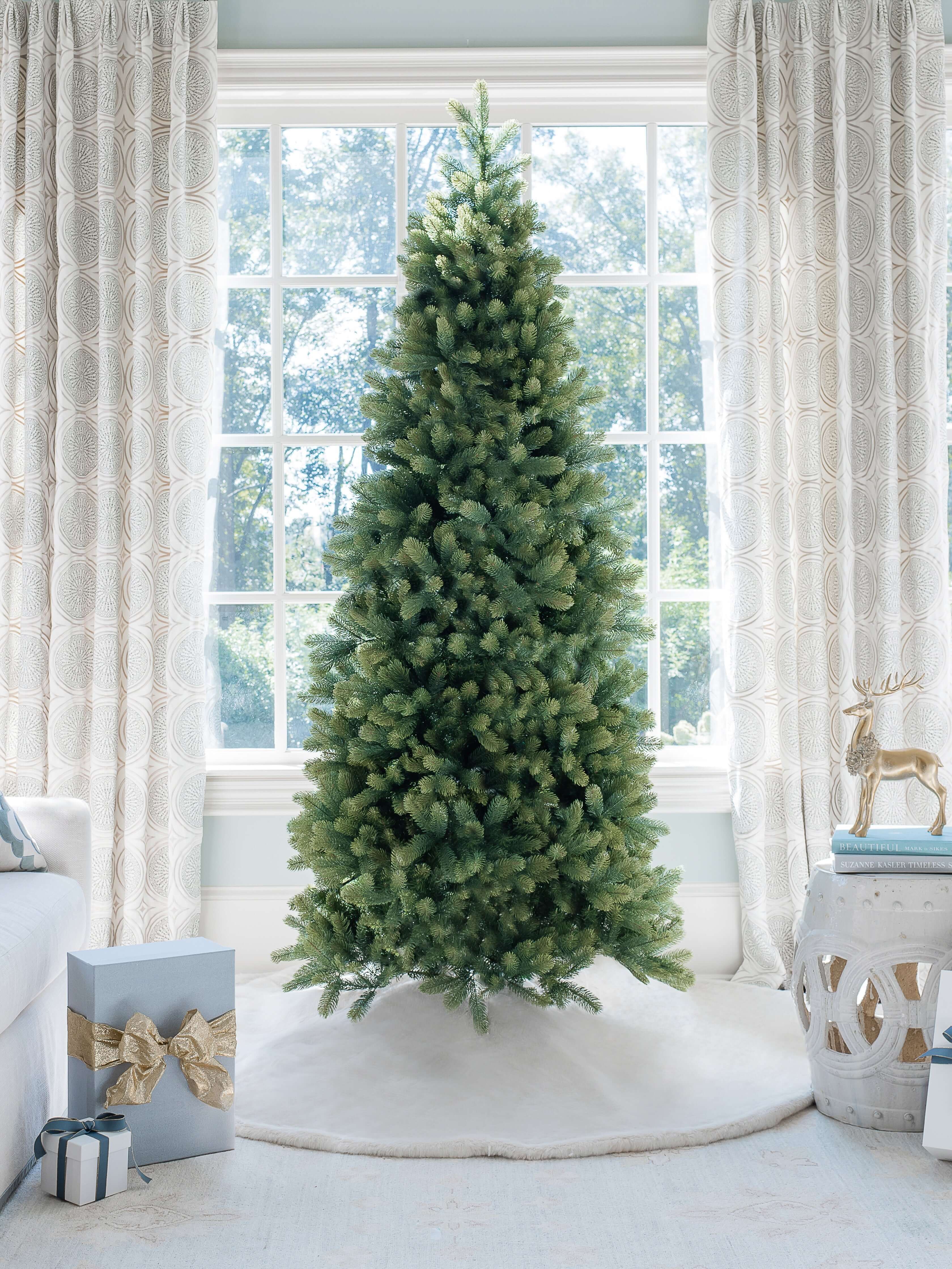 12' Royal Fir Slim Quick-Shape Artificial Christmas Tree with 1500 Warm White & Multi-Color LED Lights