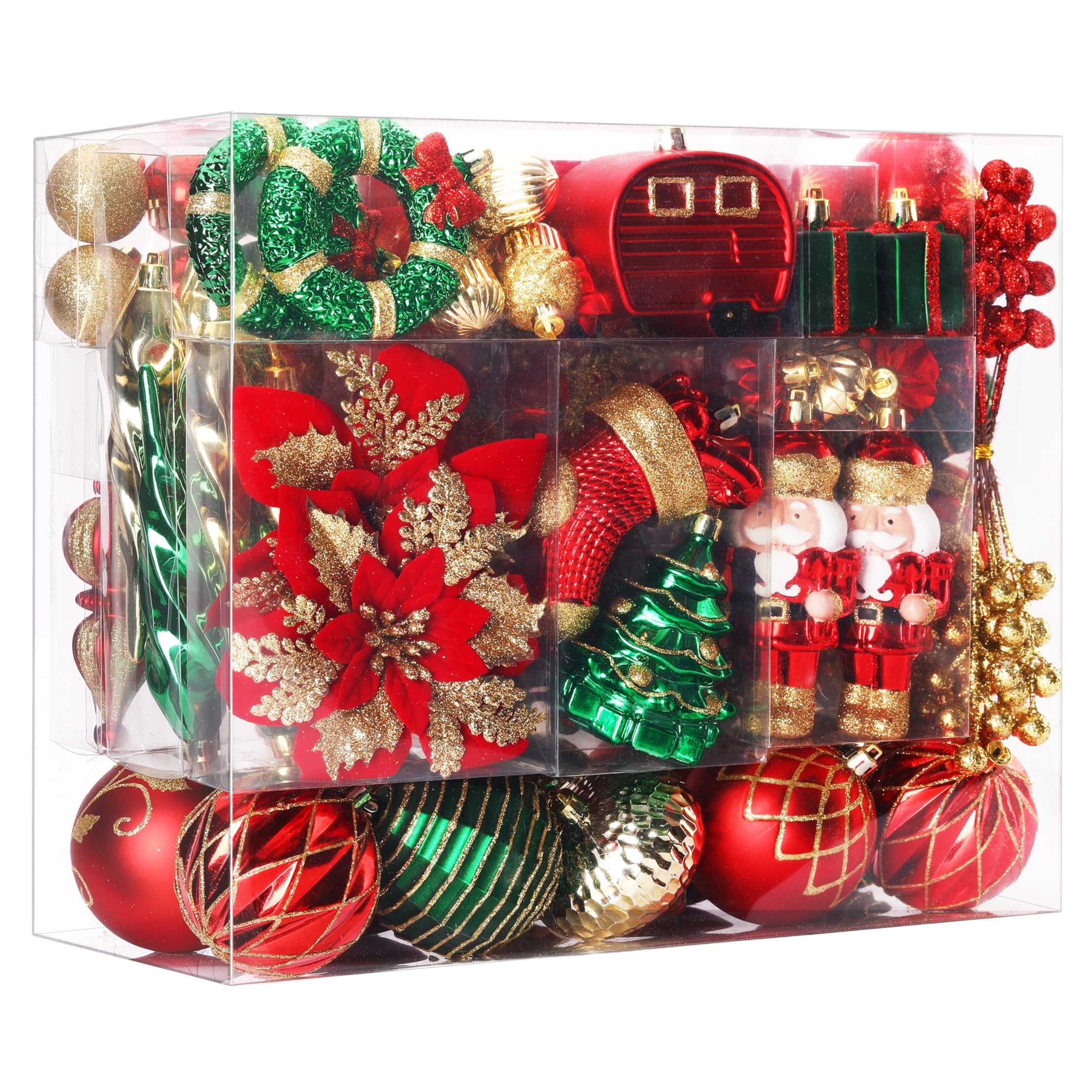 135Pcs Red, Green and Gold Walnut Soldier Christmas Ball Ornament Set