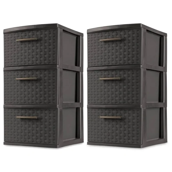 3 Drawer Wicker Weave Decorative Storage Tower, Espresso (2 Pack)