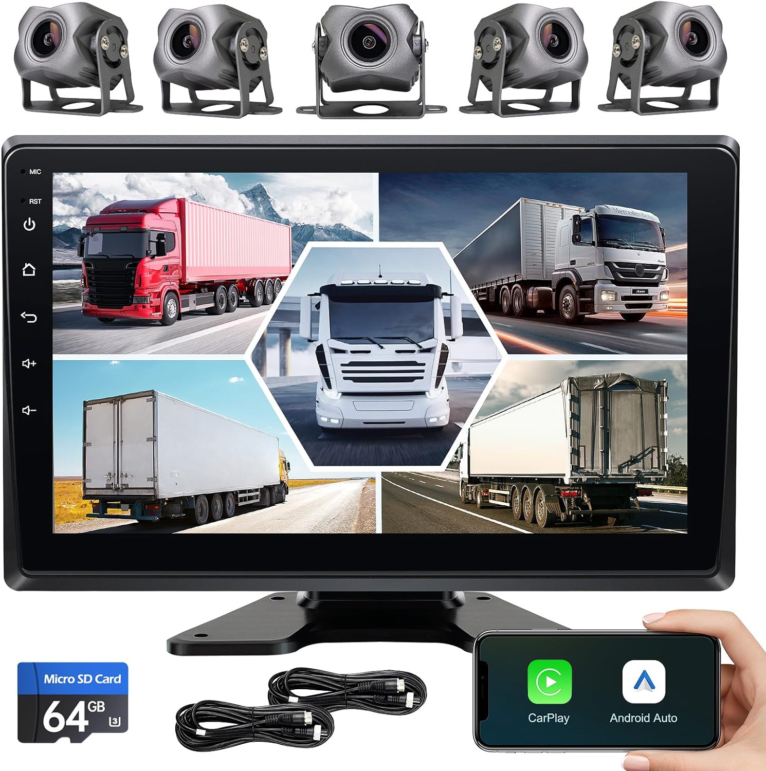 5-Channel 1080P Backup Camera Dash Cam with 9'' Monitor Android.11 System,DVR Recording Back Up Camera for RV/Truck/Van/Trailer/SUV Cars, Car Stereo with Wireless CarPlay/Android Auto/BT/FM radio/WiFi