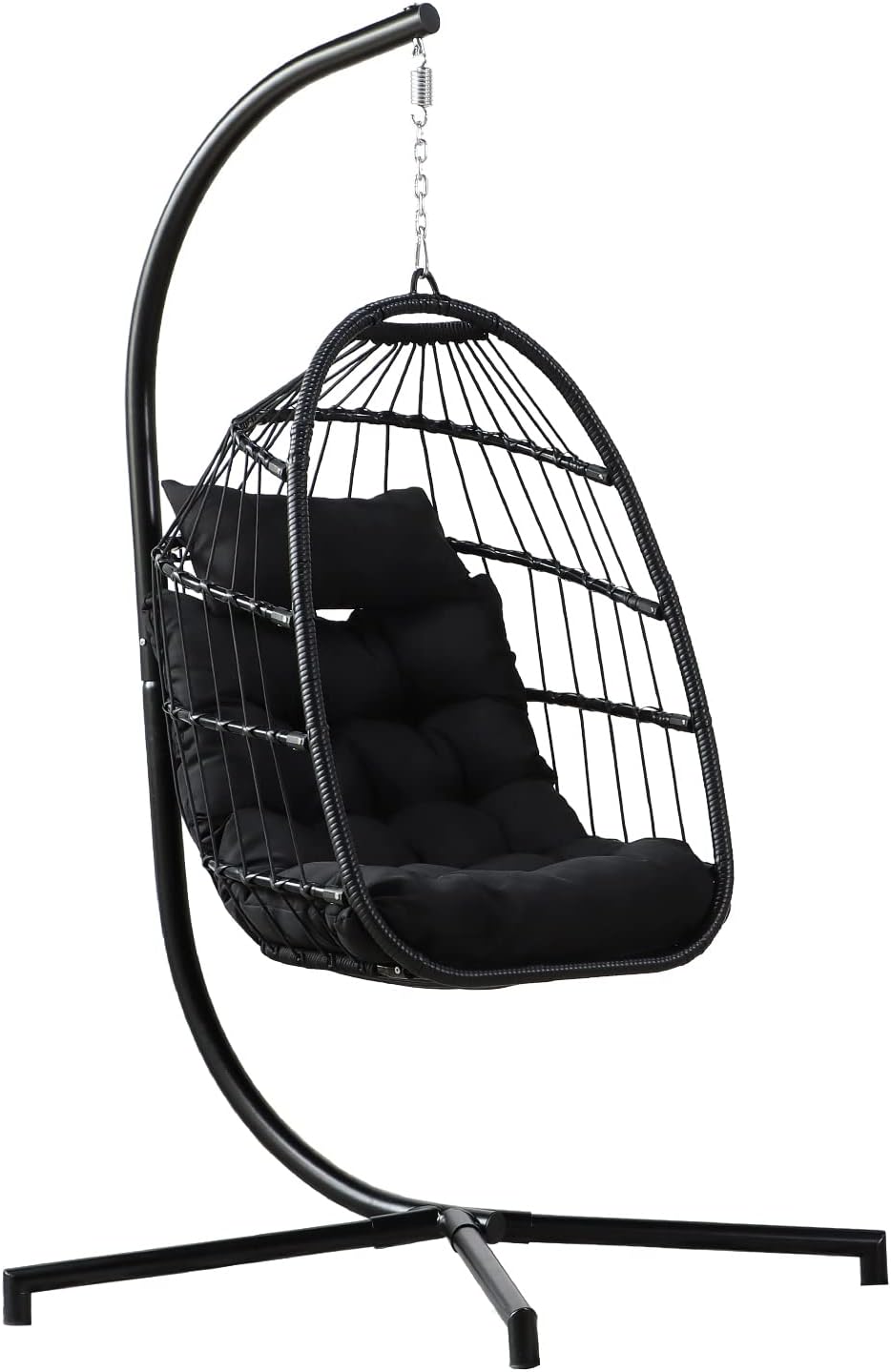 KAIDYSENY Swing Egg Chair, Hammock Chair with Stand, Patio Black Rattan Wicker Patio Basket Hanging Chair with Rope Back, Cushion, All Weather Foldable Hammock Chair for Indoor/Outdoor, Black