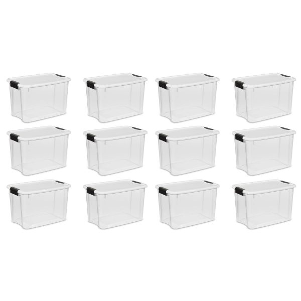 30 Quart Clear Plastic Storage Bin with White Latch Lid, 12 Pack
