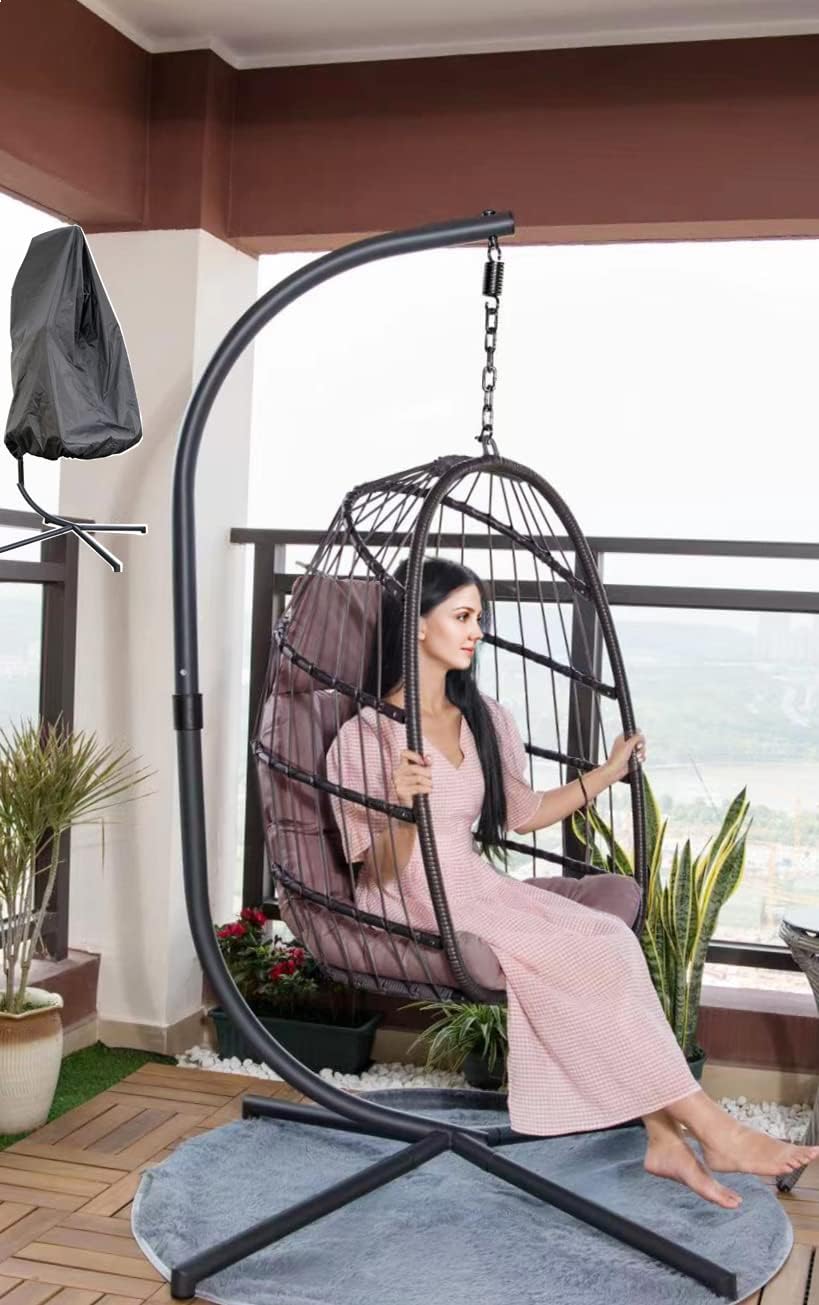 MOJIA Egg Chair with Stand and Oxford Cover, Patio Wicker Hanging Swing Chair with UV Resistant Cushion and Foldable Seat Basket