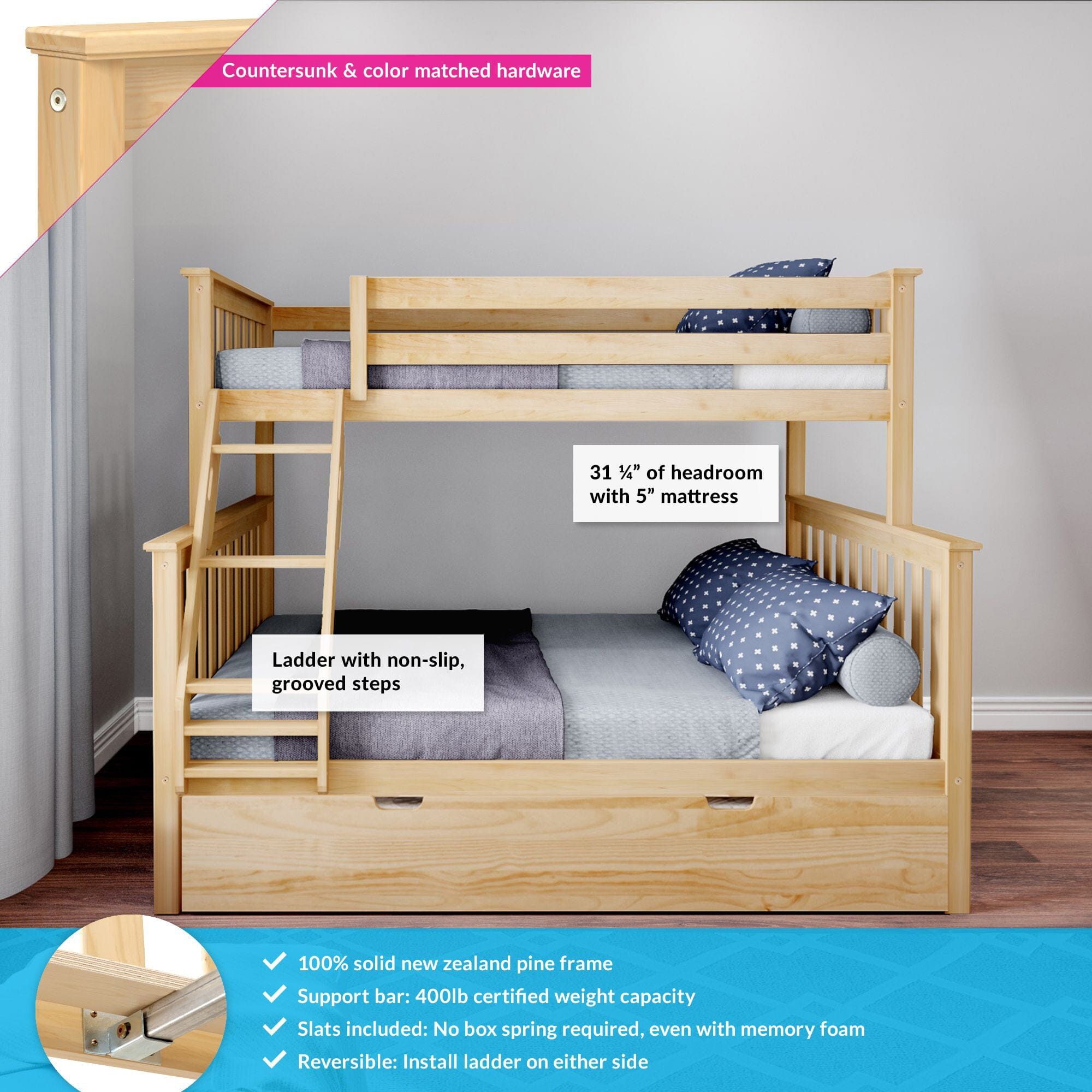 🎄Store Closing Sale💖Kids Solid Wood Twin-Over-Full Bunk Bed + Trundle Bed
