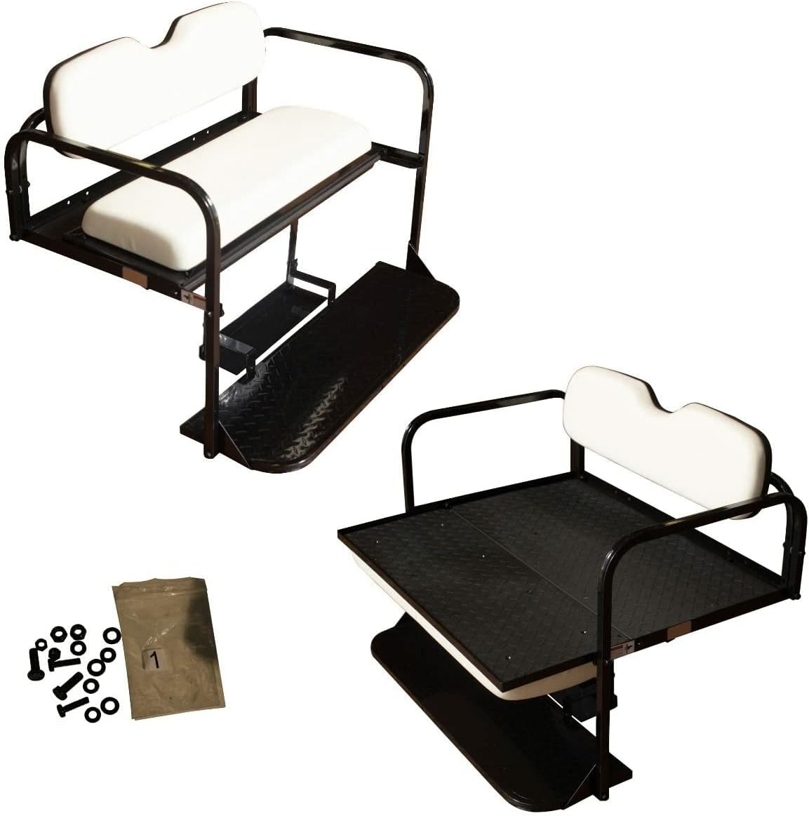 Precedent Golf Cart Rear Flip Seat Kit | Folding Steel Frame Rear Seat Kit | White Cushions | Compatible with 2004-Up Models