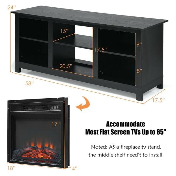 58 in. 2-Tier Fireplace Tv Stand W/18 in. 1400-Watt Electric Fireplace 65 in. Black