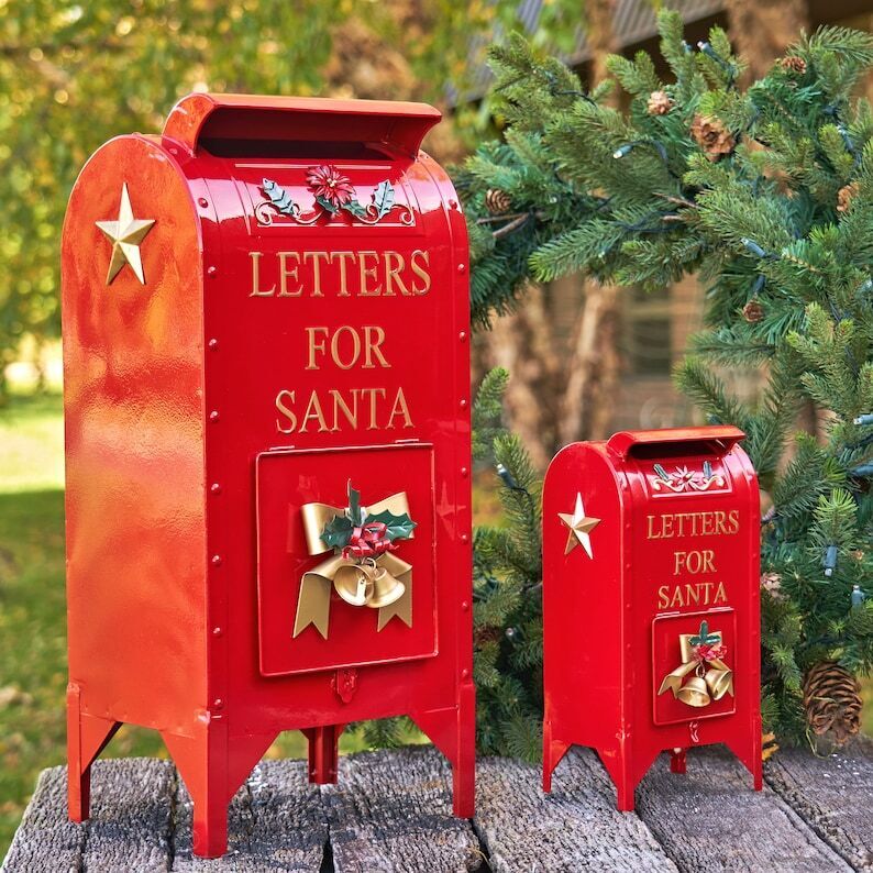 Set of 2 Glossy Red Christmas Mailboxes with Gold Details Medium and Small